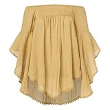 ZANZEA Damen Off Shoulder Flares Ärmel Hemd Lose Rückenfreie T-Shirts Bluse Oversize Oberteile Einfarbig Gelb XL