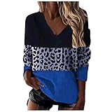 Leopardmuster Langarmshirt Damen Colorblock Patchwork T-Shirt Bluse Damen Oberteile Bluse Langrm Top Basic Langarm Shirt Baumwoll Freizeit V-Ausschnitt Sweatshirt Loose Casual Sport Top