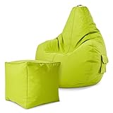 Green Bean Gaming © 2er Sitszack Set - Cozy Sitzsack mit 2 Seitentaschen + Cube Hocker - fertig befüllt - robust, waschbar, schmutzabweisend, wasserfest - für Kinder und Erwachsene - Apfelgrü