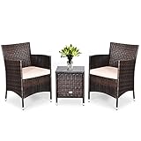 GIANTEX 3 tlg. Polyrattan Gartenmöbel Set, Balkonmöbel Set Sitzgarnitur Sitzgruppe, Rattan Gartenmöbel 1 Tischchen & 2 Stühlen, inkl. Kissen, Gartenlounge Set Gartengarnitur (mit Kissen in Beigen)