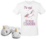 Einhorn Set Unisex T Shirt Weiß mit 1 Paar Hausschuhe Unicorn Pantoffeln Geschenkidee T-Shirt Puschen Weihnachten Nikolaus, Größe S, Schuhgröße 38/39