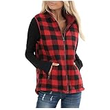 Yowablo Cardigan Weste Frauen vorne offen Farbblock Revers ärmellose Karierte Taschen (XXL,rot)