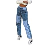 L&ieserram Damen Patchwork Jeans High Waist Stretch Cutoffs Distressed Straight Leg Denim Jeans Hose 70er Vintage E-Girl Style Y2K Schlagjeans Hose (B Blau, S)