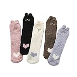 OLDM 5 Paar Socken Damen Aus Baumwolle Coral-Fleece Flauschige Katzensocken Pfotensocken Karikatur Tier Witzige Niedlich Socken Damen Witzige Weihnachtssocken Sneakersocken GrößE Mehrfarbig