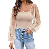 DOMBX Damen Große Größe Sommer Transparent Polka Dots Aushöhlen Spitze Laternenhülse U-Boot Neck Rückenfrei Wickelbluse Frauen Sexy Yoga Sport Einfarbig Spaghetti Strape Bequem Crop Tops T-Shirt H