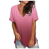 Damen-T-Shirt, modisch, Sommer, kurzärmelig, V-Ausschnitt, gerollte Ärmel, Tunika, Tops, seitlicher Schlitz, Farbverlauf, lässig, lockere T-Shirt-Bluse, wein, Larg