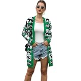 Eogrokerr Damen Christmas Elements Printed Knit Cardigan Fawn Funny Pattern Top Fashion Casual Mid-Lange Sweater, grün, L