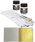 Set 50 Blatt Blattgold (Imit.) Schlagmetall zum Vergolden & Basteln 4,8 x 4,8 cm + 1 x Anlegemilch 50 ml + 1 x Überzugslack 50 ml + 1 Paar Vergolderhandschuhe + 2