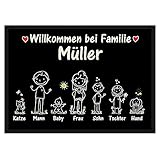 Fußmatte selbst gestalten - Familien Namen 1,2 oder 3 Kinder, Hund, Katze - Willkommen - individuell bedruckt - Strichmännchen, Geschenk Einzug, Richtfest, Geburtstag I Personalisiert, 60 x 40