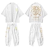 CHUIKUAJ Kimono Cardigan Haremshose Set Männer Frauen Harajuku 3/4 Ärmel Jacke - Chinesischer Stil Mode Brief Druck Lose Straßenkleidung,White-S