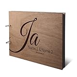 Hochzeit Fotoalbum Okoume Holz Gravur individuell Holzcover mit 50 Fotokarton 300g/qm schwarzen Innenseiten (25 Blätter) DIN A4 quer 302 x 215 mm - J