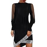 BOTCAM Partykleid Damen Sexy Schwarz Ballkleid Kurz Glitzer Frauen Retro Einfarbig Langarm Rundhals Lässig Bodycon Minikleid Spitzenkleid Abendkleid Damen Elegant Cocktailkleid Festk