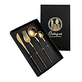 OUDEING Besteck-Sets,Abendessen-Sets, 24-teiliges Geschirr Set Edelstahl-Besteck-Besteck-Set, mit Messer- und Gabel-Set, Service für 6-Schwarz 24 stück