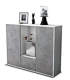 Stil.Zeit Highboard Kommode Renata - Korpus Weiss matt - Front Beton Optik (136x108x35cm) - Push-to-Open Technik & hochwertigen Leichtlaufschienen - Made in Germany