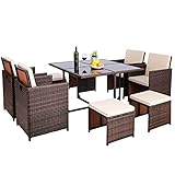 Rattan Gartenmöbel Set 9-TLG, Gartengarnitur-Set mit Esstisch | Sessel & Hocker | Kann bis zu 8 Personen beherbergen | Geeignet für Gärten, Balkone, Schwimmb