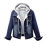 Gefütterte Fleece Warm Denim Jacket Damen Verwaschene Optik Vintage Jeansjacke Plüschjacke mit Fell Mantel Warme Winterjacke mit Kapuze und Taschen Retro Destroyed Denim Jacket Fleece Kapuzenjack