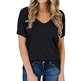 Masrin Damen T-Shirt Lässig Einfarbig Basic Tops Schlichte Einfachheit T-Shirts V-Ausschnitt Kurzarm Loose Tunika All-Match Bluse(L,Schwarz)