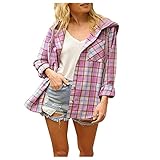 Briskorry Damen Kariertes Kapuzenjacke Knöpfen Langarmshirt Mantel mit Karomuster Hemd Overshirt Langarm Karohemd mit Tasche Vintage Blusenshirt Boyfriend Hemdb