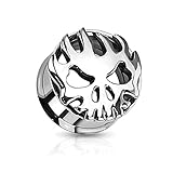 BlackAmazement Unisex Flesh Tunnel Plug Inlay Piercing Edelstahl Totenkopf Flaming Skull Silber Flamme (Größe: 10 mm)