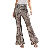 Women Loose Wide-Leg Pants High Waist Sequin Sparkle Flared Adults Casual High-Waisted Sequin Trousers Disco Pants (Brown, Medium)