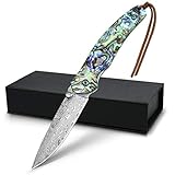 NedFoss Damast Taschenmesser Klappmesser Damaststahl Messer Outdoor Damastmesser Folder Knife 7cm Klinge (Abalone)