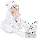 Babybadetuch, Babyhandtuch mit Kapuze, Kleinkinder Badetücher mit 2 Waschlappen für Babybaden, 100% BioBambusfaser, 90 x 90, extra weich und dick, saugfähig, süße Bärenstickerei, 0-5 J