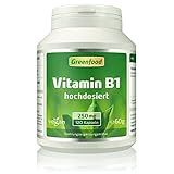 Greenfood Vitamin B1, 250 mg, hochdosiert, 120 Kapseln – für starke Nerven und einen klaren Kopf. OHNE künstliche Zusätze. Ohne Gentechnik. Vegi-Kapseln. Veg