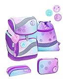 Belmil ergonomischer Schulrucksack Schulranzen Set 5 -teilig für Mädchen 1-4 Klasse Grundschule mit Patch Set/Brustgurt, Hüftgurt/Magnetverschluss/Türkis, Lila (405-51 Wonder)