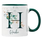 GESCHENK1 Namenstasse mit Wunschnamen dunkelgrün/ 330ml – personalisierte Kaffeetasse/ Kaffeebecher mit Namen & Buchstaben aus Keramik in Blumenmotiv - Geburtstags Geschenk für Männer & F