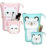 2 Stücke Transformator Stand Bleistift Halter Leinwand PU Karikatur Teleskopisch Bleistift Veranstalter Makeup Tasche Schreibwaren Federmäppchen mit Reißverschluss (Weiße Katze und Weiß Bär)