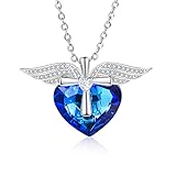 lorajewel Damen Halskette Blau Herz Kristall Kreuz mit Flügel Herz Zirkonia Valentinstag Geburtstag Geschenke für Frauen Freundin M