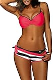 CheChury Bikini Sets Damen Elegant Push Up Bademode Push up Bikinis mit Bügel Triangel Zweiteilig Gebunden Sexy Strand Badeanzug Badebekleidung für Frauen 3PCS Bikini Set mit Hotpants Sport B