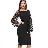 DIDK Damen Netz Figurbetontes Kleid Schlauch Kleider mit Knoten Gürtel Stickerei Blumen Applikation Bishop Knielang Bleistift Einfarbig Party, M, Schwarz U-B
