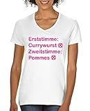 Comedy Shirts - Erststimme: Currywurst - Zweitstimme: Pommes - Damen V-Neck T-Shirt - Weiss/Pink Gr. XL