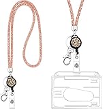 Kristall Lanyard Halskette mit Transparent ID Karten Halter und Schlüsselring, Bling Strass Kristall Lanyard Gurt Klar Abzeichen Halter und Halsriemen (Champagner Gold)