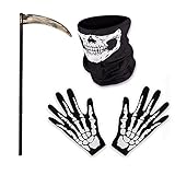 O-Kinee Halloween Kostüm Set, Grim Reaper Enthält Sense Schädelmaske SchädeHandschuhe, Sensenmann, Accessoire, Zubehör Unisex Sensenmann für Halloween Party Dekoration Cosplay. Mottoparty,