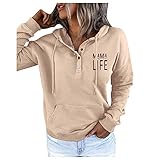 IQYU Farblich abgestimmtes Damen Hoodie Top mit Taschen Langarm lässiger Kordelzug geknöpfter Pullover Damen Rundhals Knopf Langarm T-Shirt Kapuzen Pullover Top