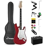 Donner E-Gitarre Set 39 Zoll volle Größe mit Verstärker, Tasche, Capo, Gurt, Saiten, Tuner, Kabel und Plektren (Rot, DST-102R)