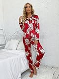 MITEHUAH Langarm-Nachtwäsche for Damen, Blumendruck mit Taschenfront, Kontrast-Paspel-Satin Pj. Satz (Color : Multicolor, Size : XL)