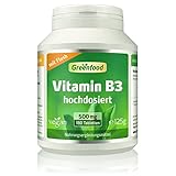 Vitamin B3 (Niacin), 500 mg, hochdosiert, 180 Tabletten, vegan - das Glücks-Vitamin, fördert die Durchblutung. OHNE künstliche Zusätze. Ohne Gentechnik. ACHTUNG: Flush-Effek