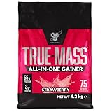 BSN True Mass All In One Gainer Protein Pulver mit Kreatin, Glutamin, Vitamin D und Zink hergestellt für Muskelaufbau, Strawberry, 25 Portionen, 4,2 kg