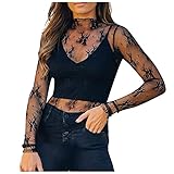 LIXFDJ Langarmshirts für Damen, durchsichtiges Spitzen-Shirt mit hohem Ausschnitt, sexy Langarm-Tops, Unterwäsche (Farbe: Schwarz, Größe: XX-Large)