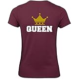 Shirt-Panda Damen & Herren - King & Queen - Crown College T-Shirt - Couple Pärchen Fun Motiv Druck Weinrot - Queen (Druck Weiß) Frauen-Shirt XXL