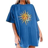 KGLHTYU Print Lang Tops Oversize Tshirt Vintage Sweatshirt Sommer Oberteile Mode Lose Rundhals Kurzarm Sport Oberteile Teenager Mädchen Tunika Streetwear T-Shirt D