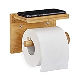 Relaxdays Toilettenpapierhalter mit Ablage, für Handy & Feuchttücher, Bambus Klopapierhalter, HBT 12x16x10,3 cm,