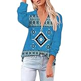 Briskorry V Neck Langarmshirt Damen Geometrischer Pferdedruck Azteken Oberteile Freizeit Tuniken Tops Ladies mit Reißverschluss Langarm T-Shirt für F