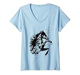 Damen Wilder Hengst wildes Pferd aufbäumend Reiterin Reiter Pferde T-Shirt mit V