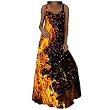 Lässiges Maxikleid für Damen, 3D-Druck, lockere Rüschen, Sommerkleid, ärmellos, böhmisches Blumenmuster, Batik, rückenfrei, langes Kleid, gelb, S