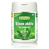 Eisen aktiv, 50 mg, extra hochdosiert, 120 Tabletten, hohe Verfügbarkeit, hervorragende Verträglichkeit, vegan - wichtig für Blutbildung, Energie und Immunsystem. OHNE künstliche Zusätze. Ohne Gentechnik