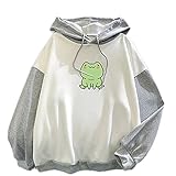 Tekaopuer Kapuzenpullover für Damen, niedlicher Frosch, Skateboard-Druck, Patchwork, langärmelig, Kordelzug, Kapuzen-Sweatshirt, Pullover Tops, Z1-grau, 42
